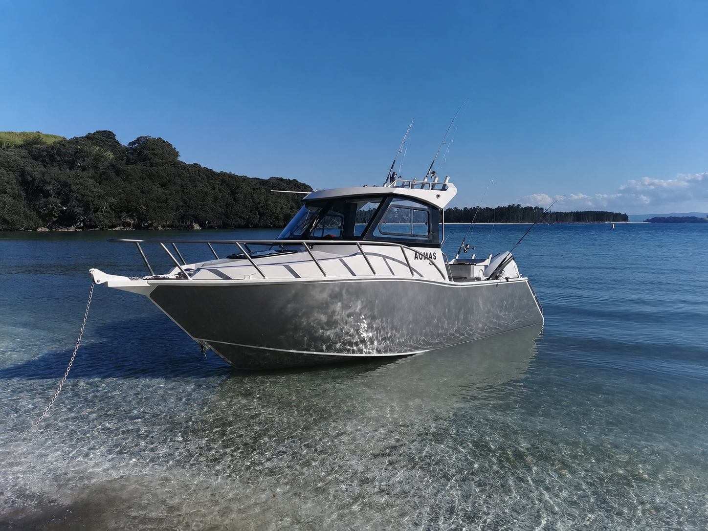 AOMAS aluminium boat anchored in clear water near the beach
